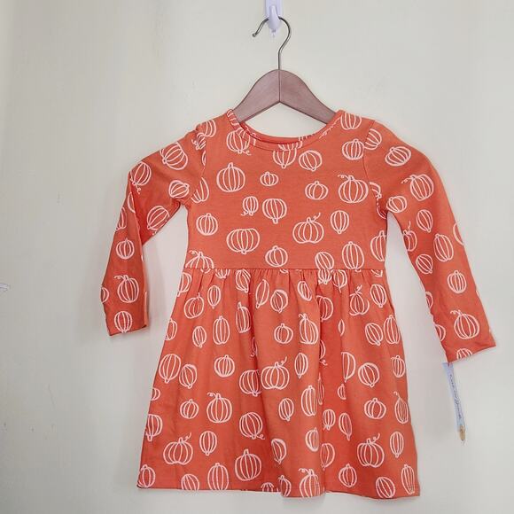 Cat & Jack Pumpkin Print Long Sleeve Dress 2T Orange Fit & Flare Thanksgiving - Picture 3 of 5